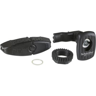 Trois pièces en plastique noir d'un connecteur de câble de Schneider Electric, composées d'un couvercle de boîtier, d'un embout de connexion et d'un anneau fileté.