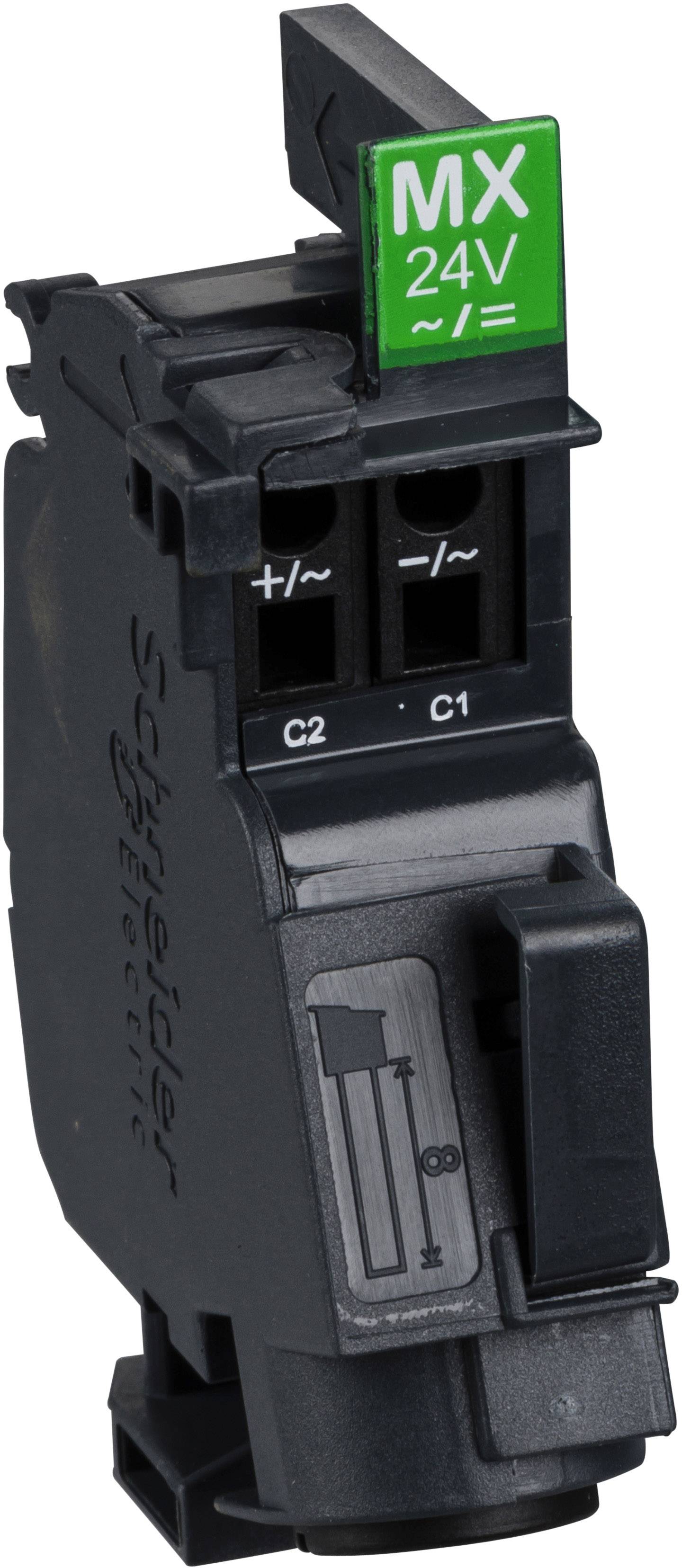 Un dispositif électronique de Schneider Electric portant l'inscription 'MX 24V'. Il dispose de bornes de connexion pour C1 et C2.