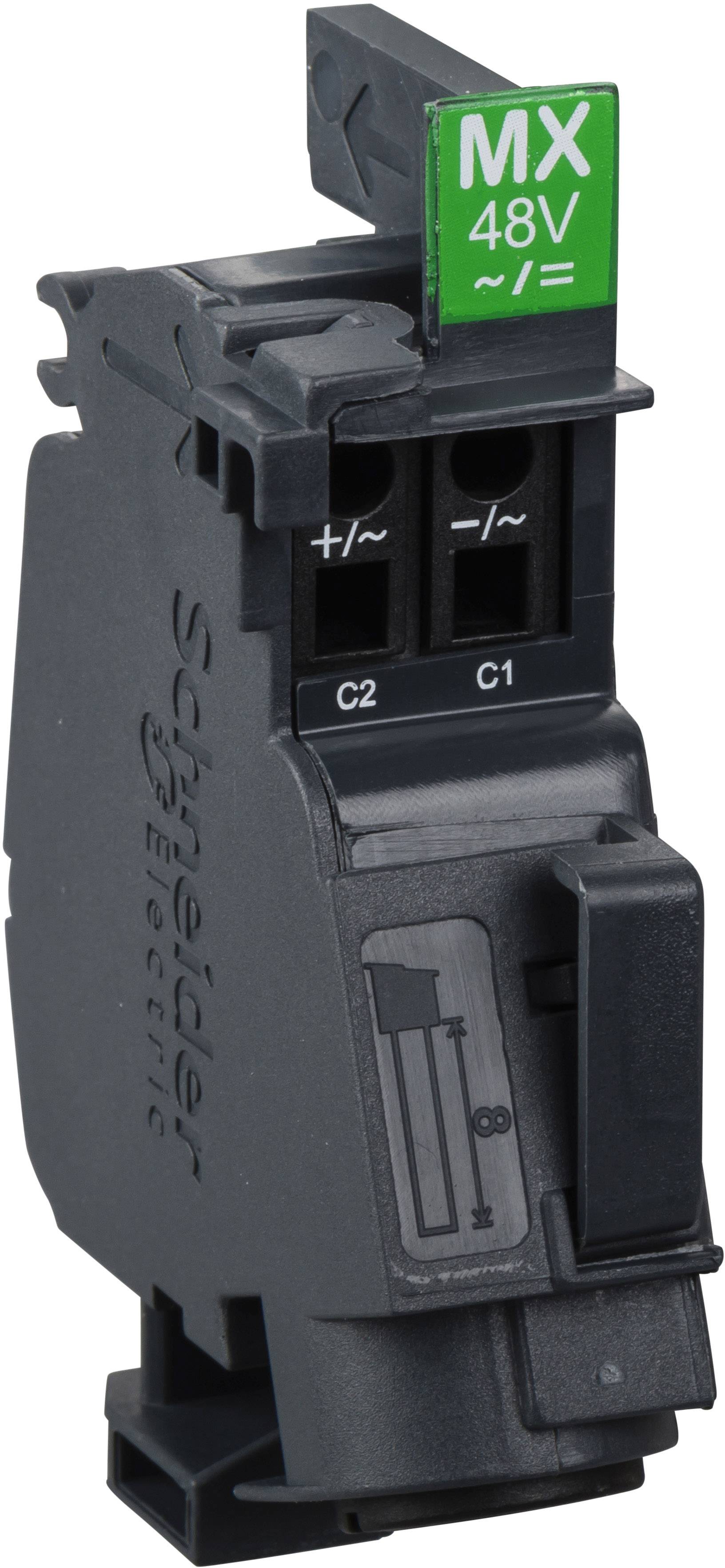 L'image montre un disjoncteur gris de Schneider Electric avec un écran vert portant l'inscription 'MX 48V'. Les bornes principales sont identifiées par C1 et C2.