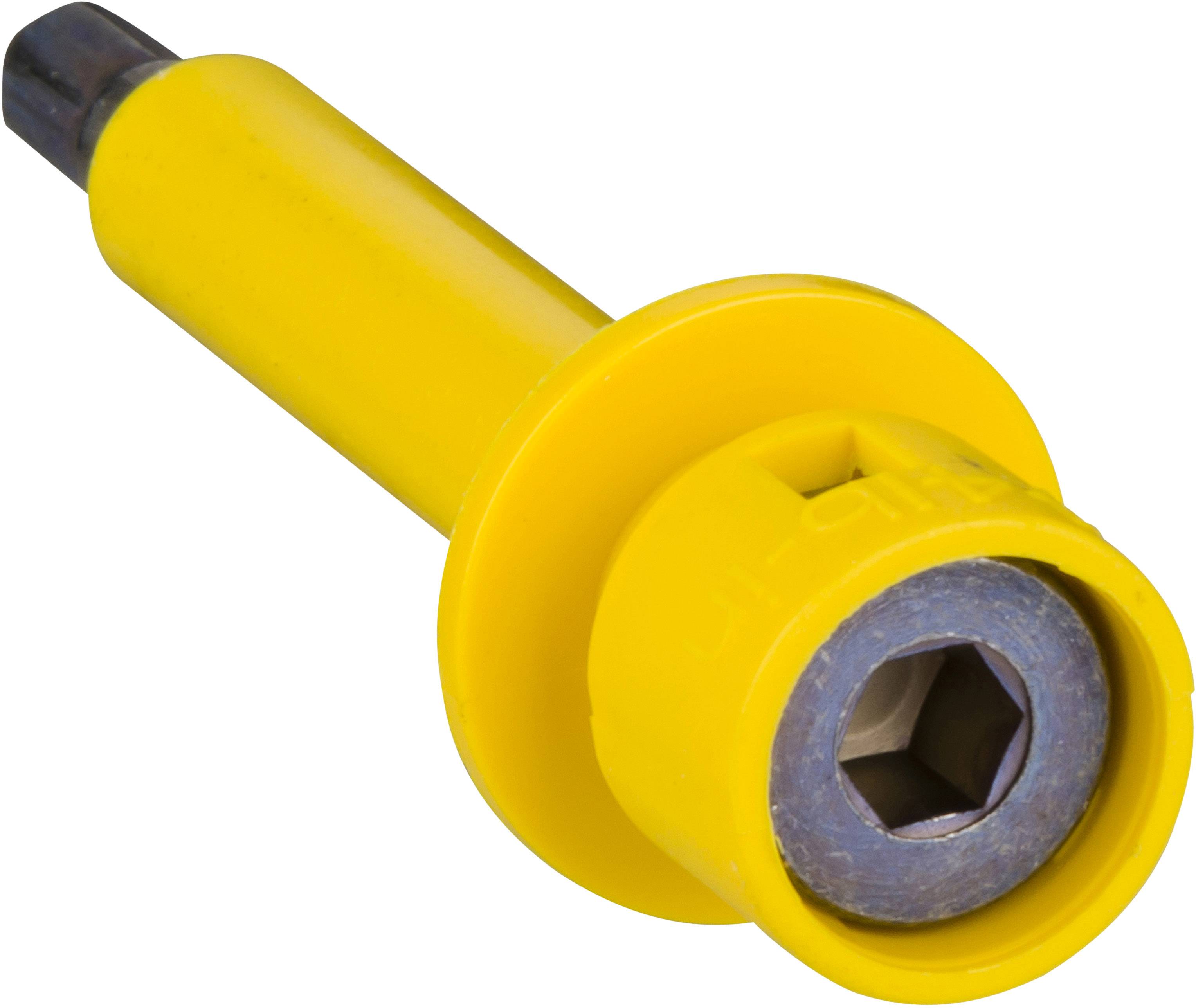 Un embout de vis jaune avec une tête hexagonale et une extrémité métallique, probablement adapté pour un tournevis électrique.