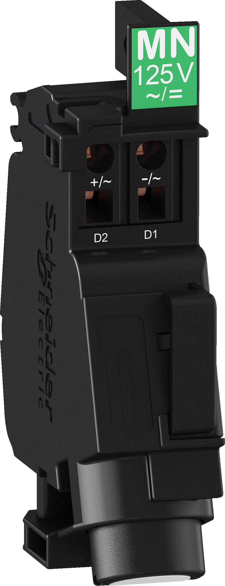Connecteur électrique noir avec bouclier vert 'MN 125V', marqué de '+' et '-'. De Schneider Electric.