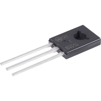 Un transistor noir avec trois connexions argentées repose sur une surface blanche.