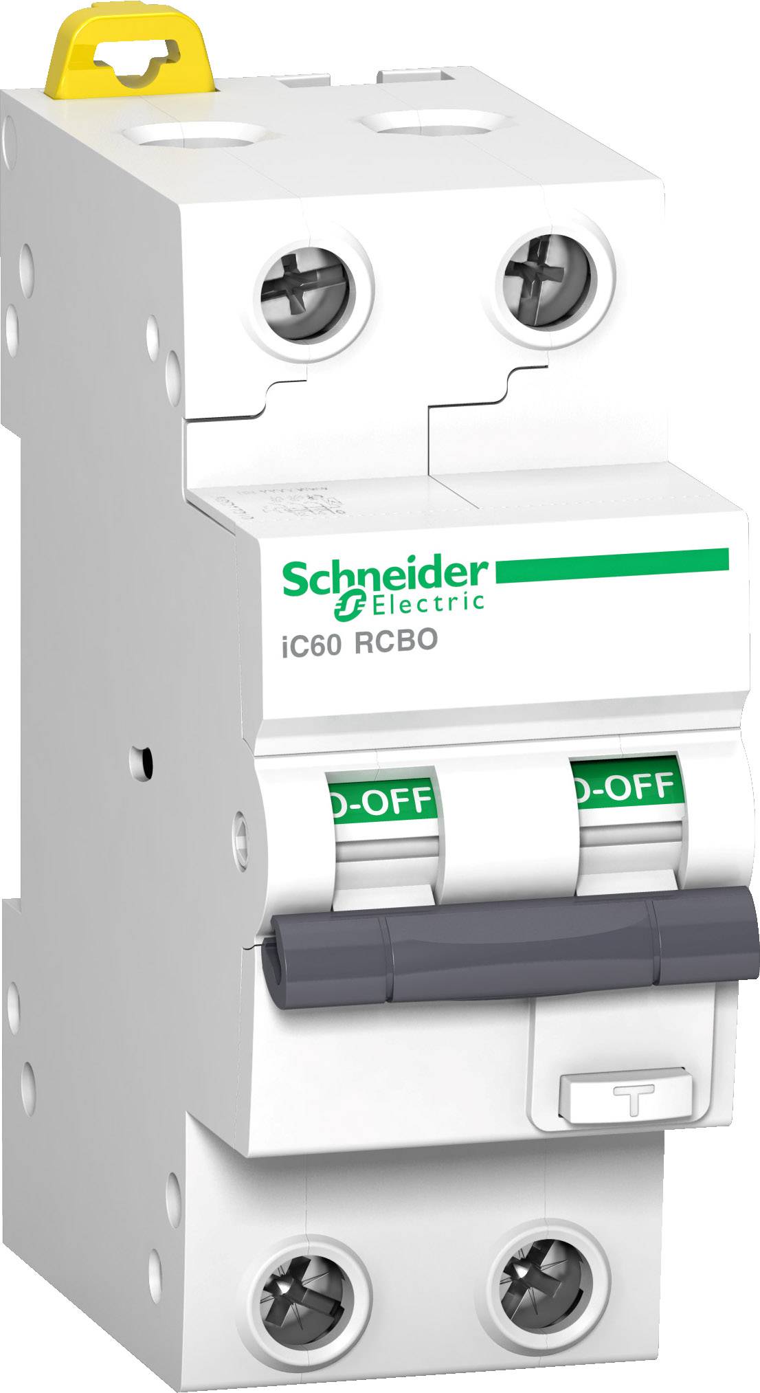 Un disjoncteur blanc de Schneider Electric avec des leviers verts 'MARCHE-ARRÊT', modèle iC60 RCBO, pour la protection électrique.