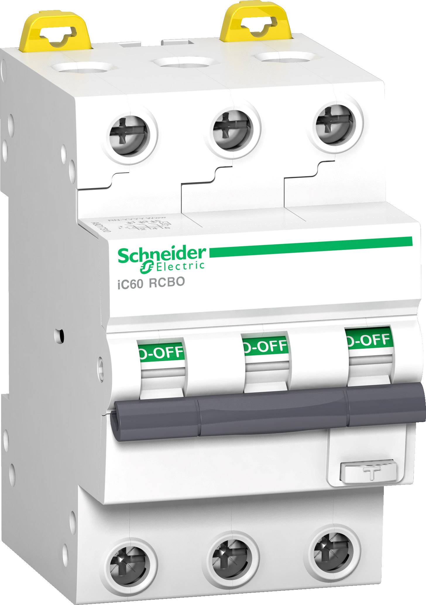 Disjoncteur différentiel de Schneider Electric, modèle iC60 RCBO. Trois interrupteurs avec étiquetage 'ON-OFF', pour la protection électrique.