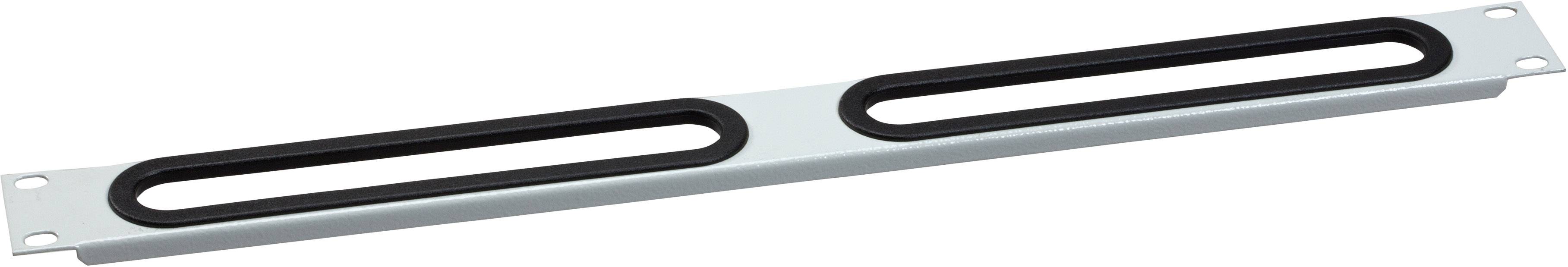 Un élément en métal argenté avec deux ouvertures ovales allongées, probablement un couvercle de rail ou une grille de ventilation.