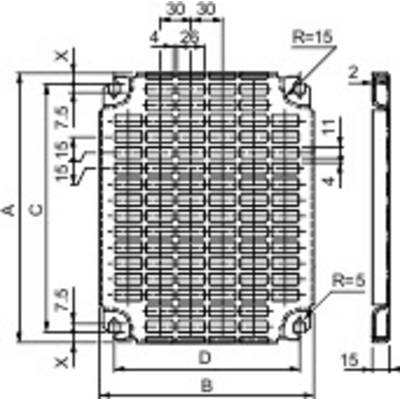 Dessin technique d'un ventilateur de refroidissement rectangulaire avec dimensions, cotations et coins arrondis. Structure de grille rectangulaire visible.
