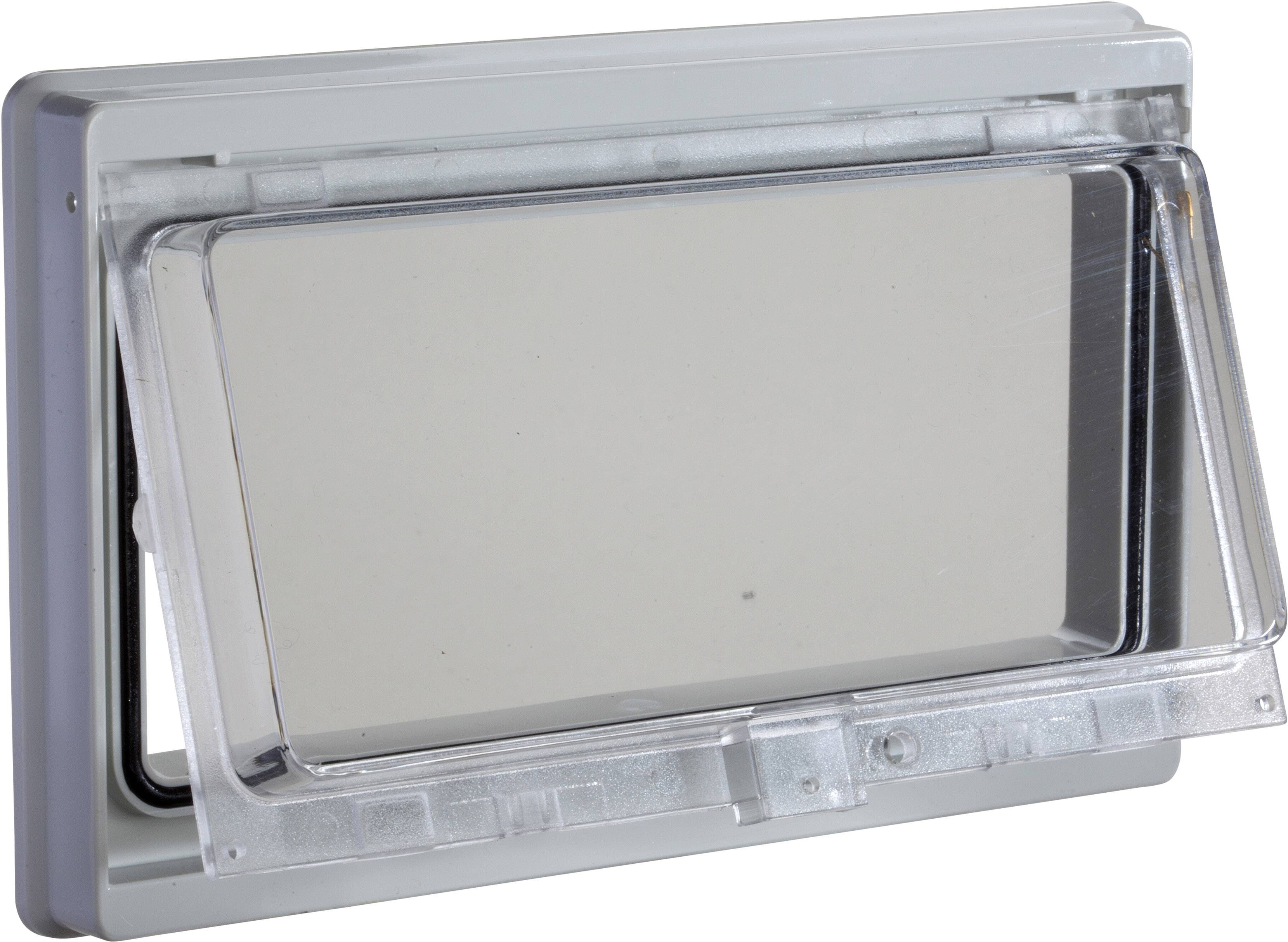 Couvercle transparent en plastique sur un dispositif rectangulaire. Le couvercle peut être ouvert ou fermé.
