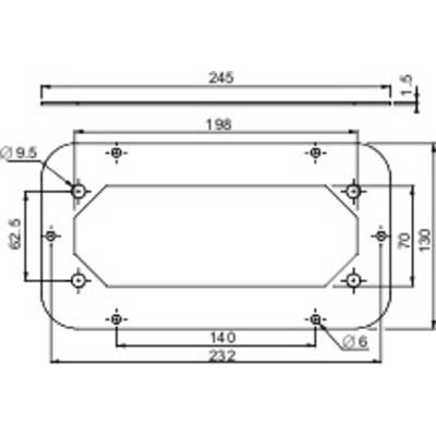 Dessin technique d'un composant rectangulaire à coins arrondis avec différentes dimensions en millimètres.