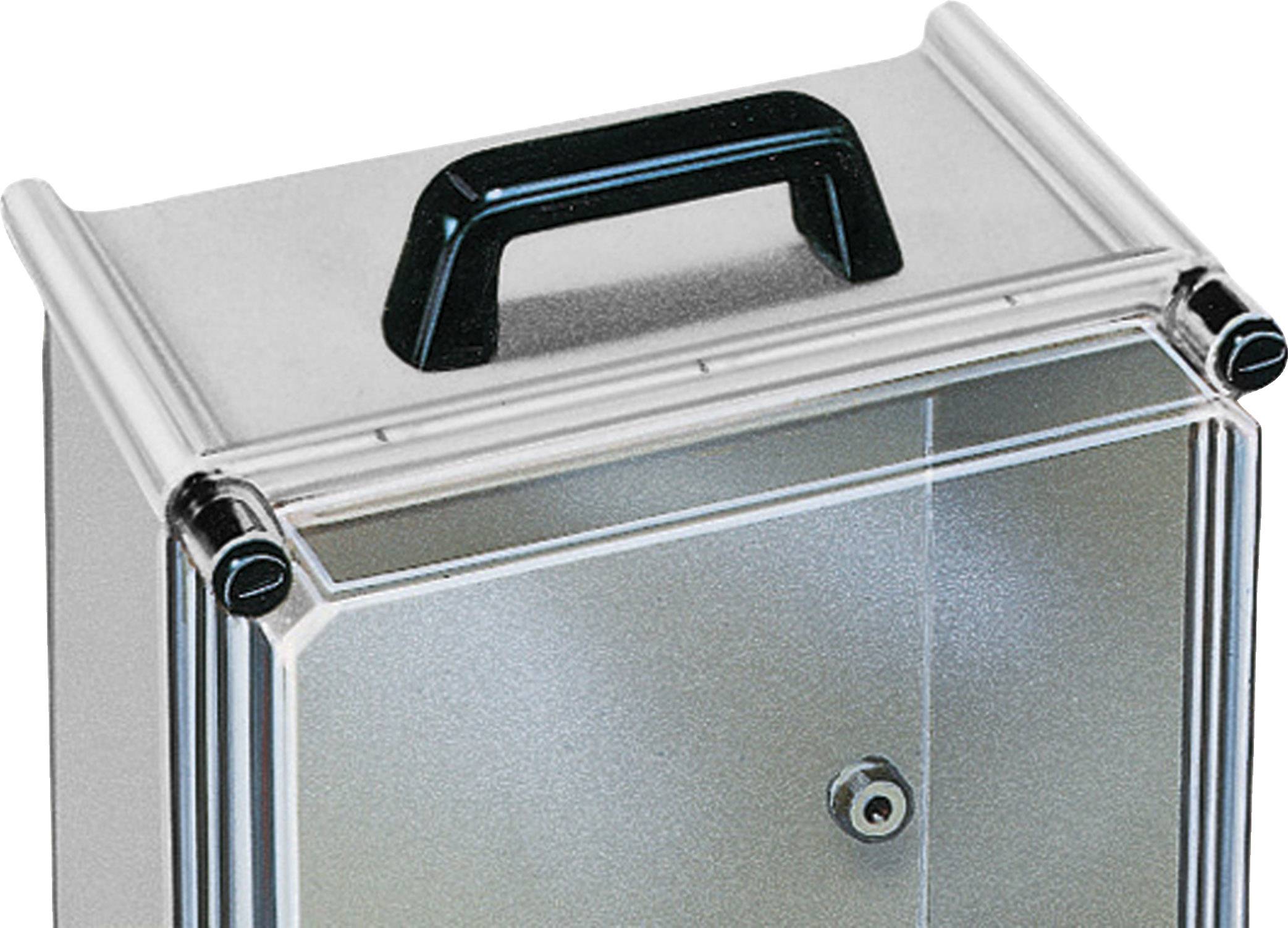 Boîte métallique avec une poignée noire en haut, adaptée pour le rangement sécurisé d'objets ou de documents.