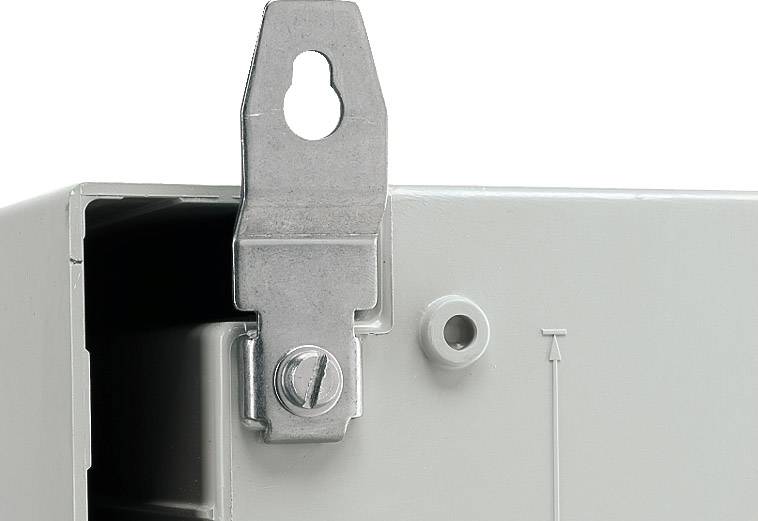 Fermeture métallique sur un boîtier gris. Un trou de fixation est visible en haut.