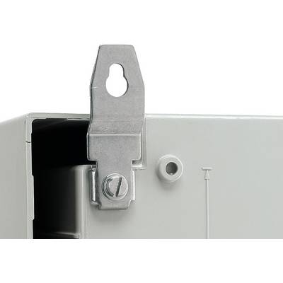 Fermeture métallique sur un boîtier gris. Un trou de fixation est visible en haut.