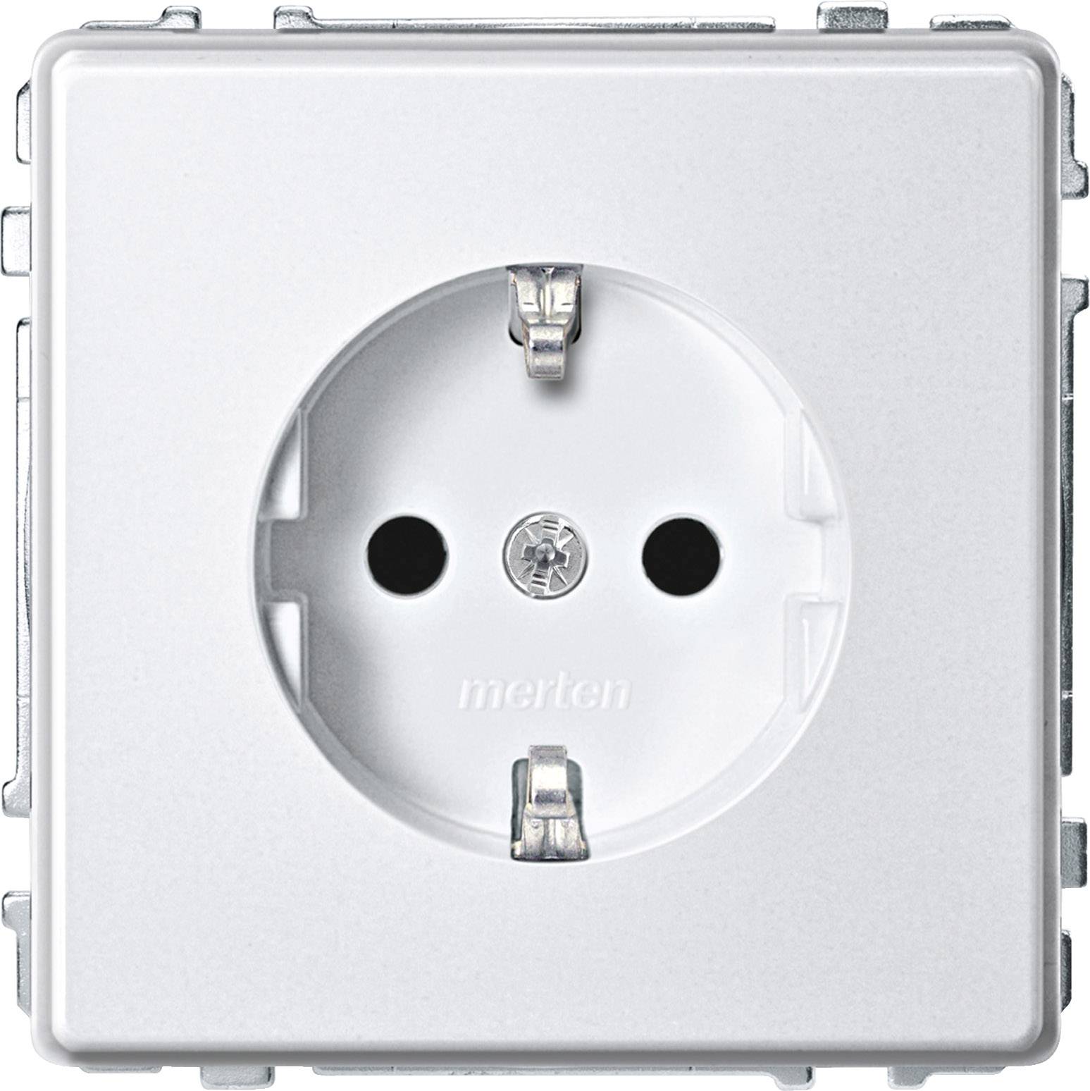 Prise électrique européenne blanche, design carré avec contacts de protection, vue de face.