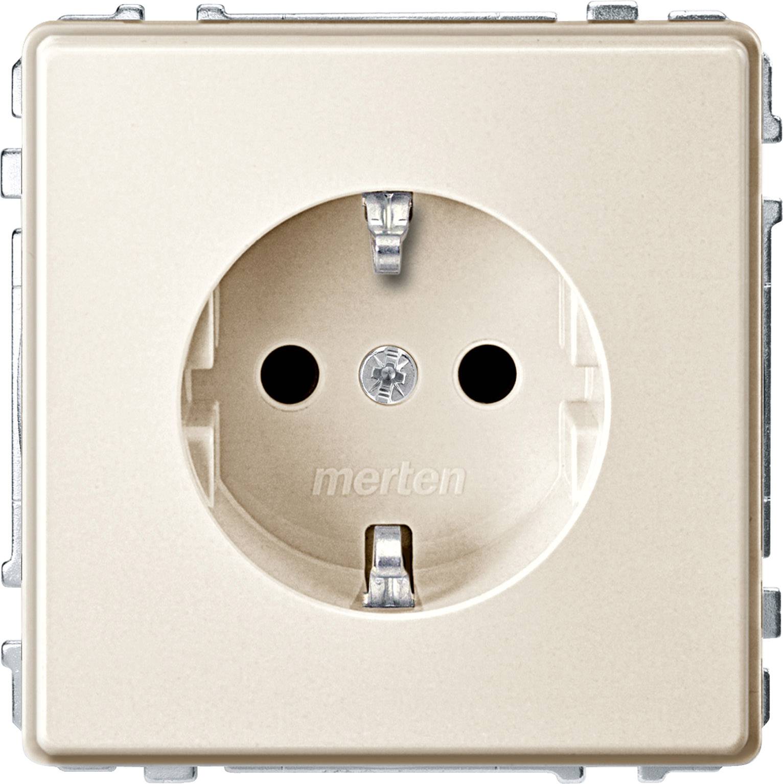 Prise électrique blanche au mur, design carré avec contact de terre central, compatible avec les fiches européennes.