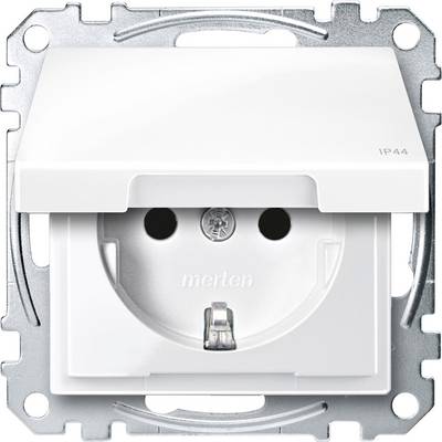 Prise électrique carrée blanc-grise avec couvercle rabattable. Classe de protection IP44, adaptée aux locaux humides. Nom de marque 'Merten' visible.