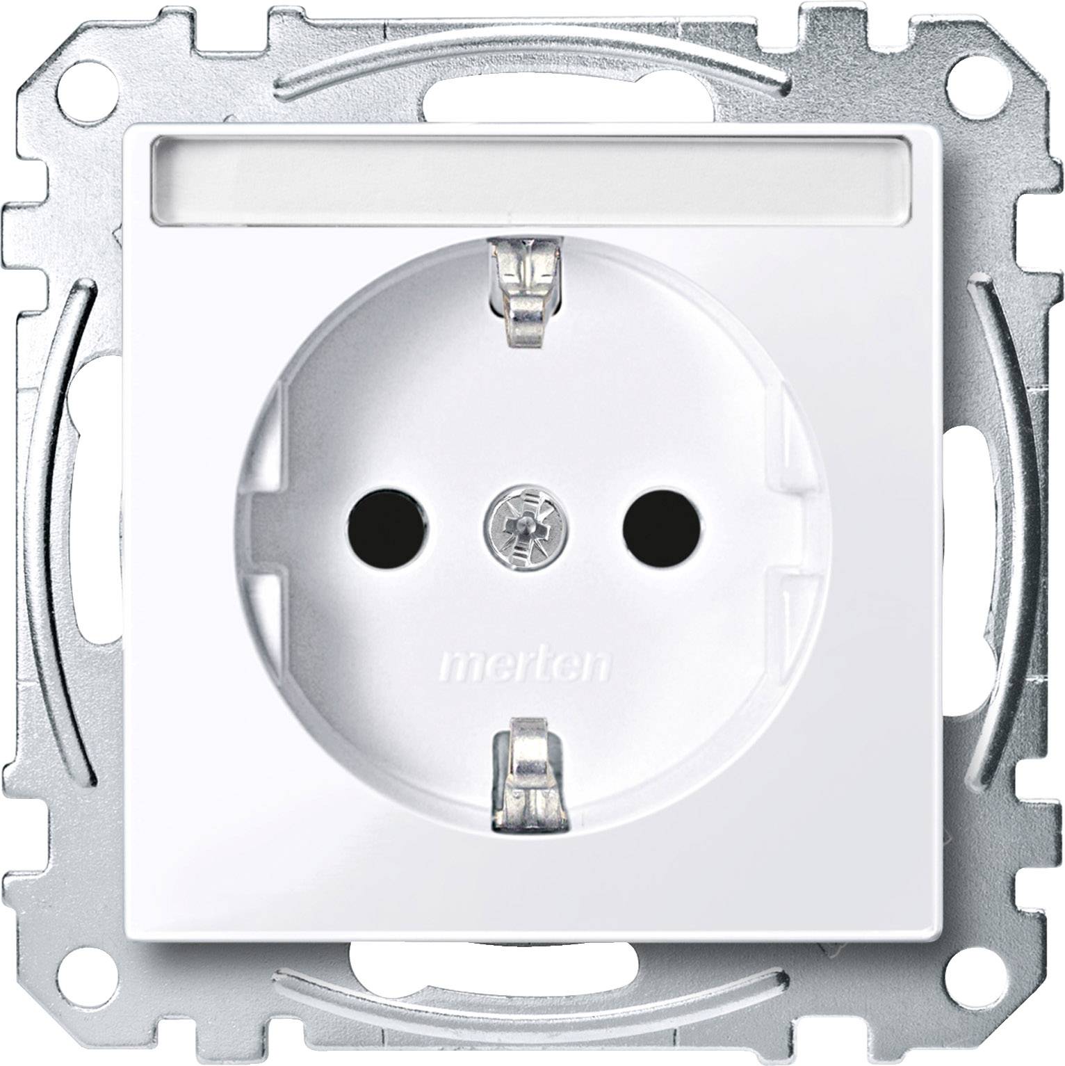Une prise électrique blanche, carrée, avec deux ouvertures rondes pour une fiche, entourée d'un cadre métallique.