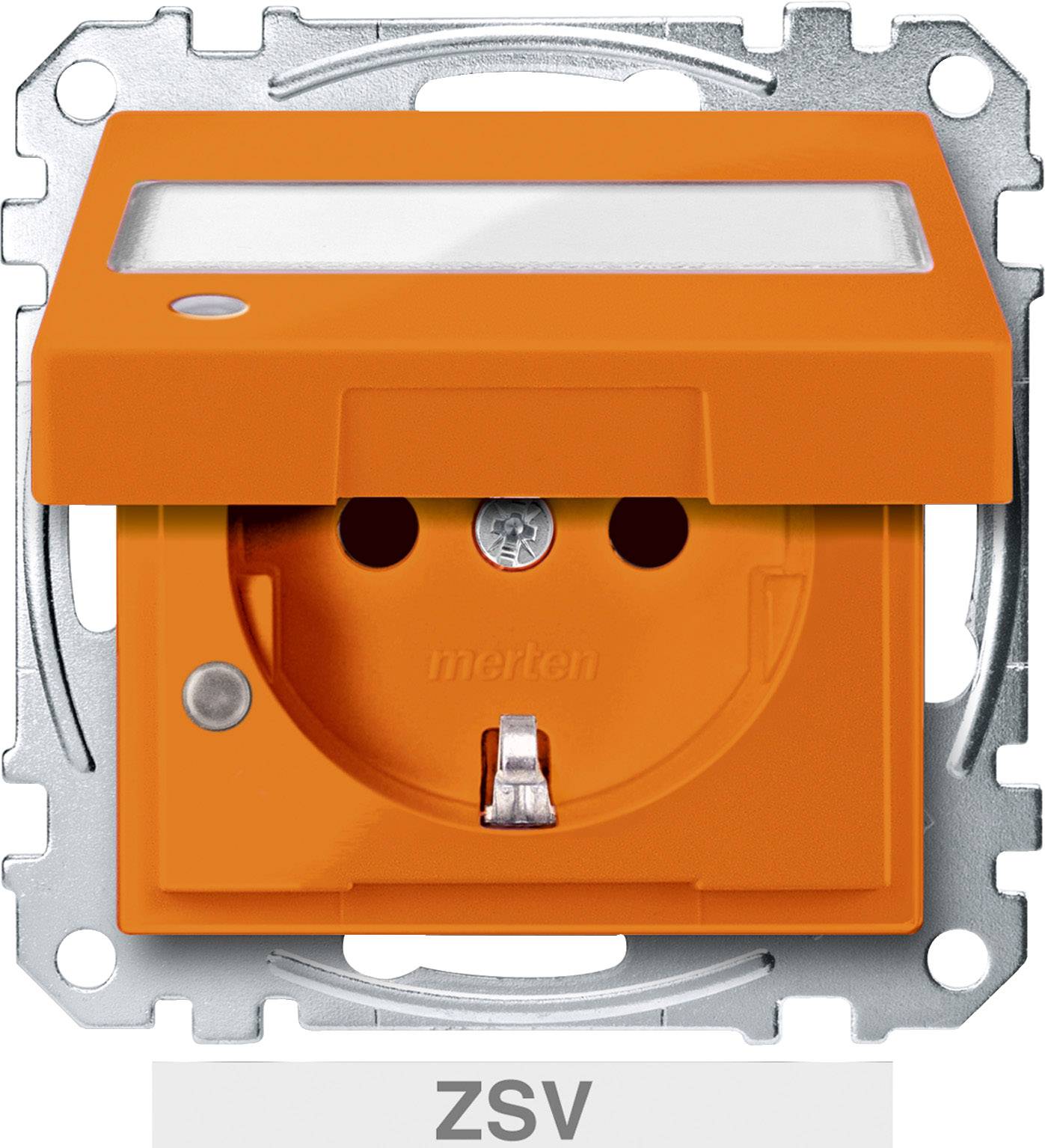 Prise de courant de sécurité orange avec couvercle de protection, montée sur un cadre gris. En dessous est inscrit 'ZSV'.