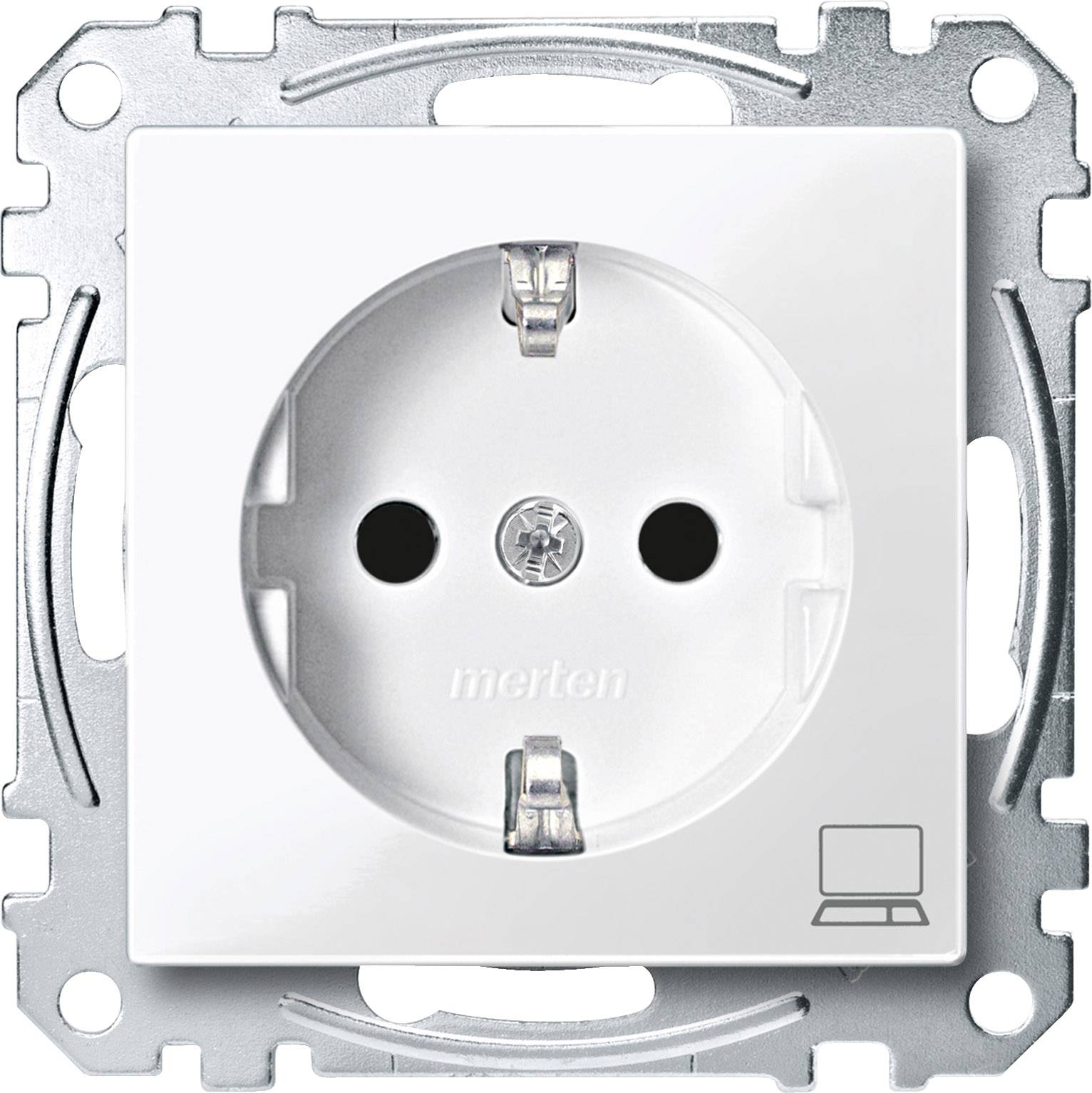 Prise électrique blanche avec deux ouvertures rondes et contacts de terre, montée sur un support métallique, adaptée à l'utilisation informatique.