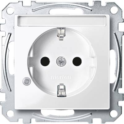 Prise électrique blanche, carrée, avec deux ouvertures rondes et un contact de terre, encastrée dans un support métallique.