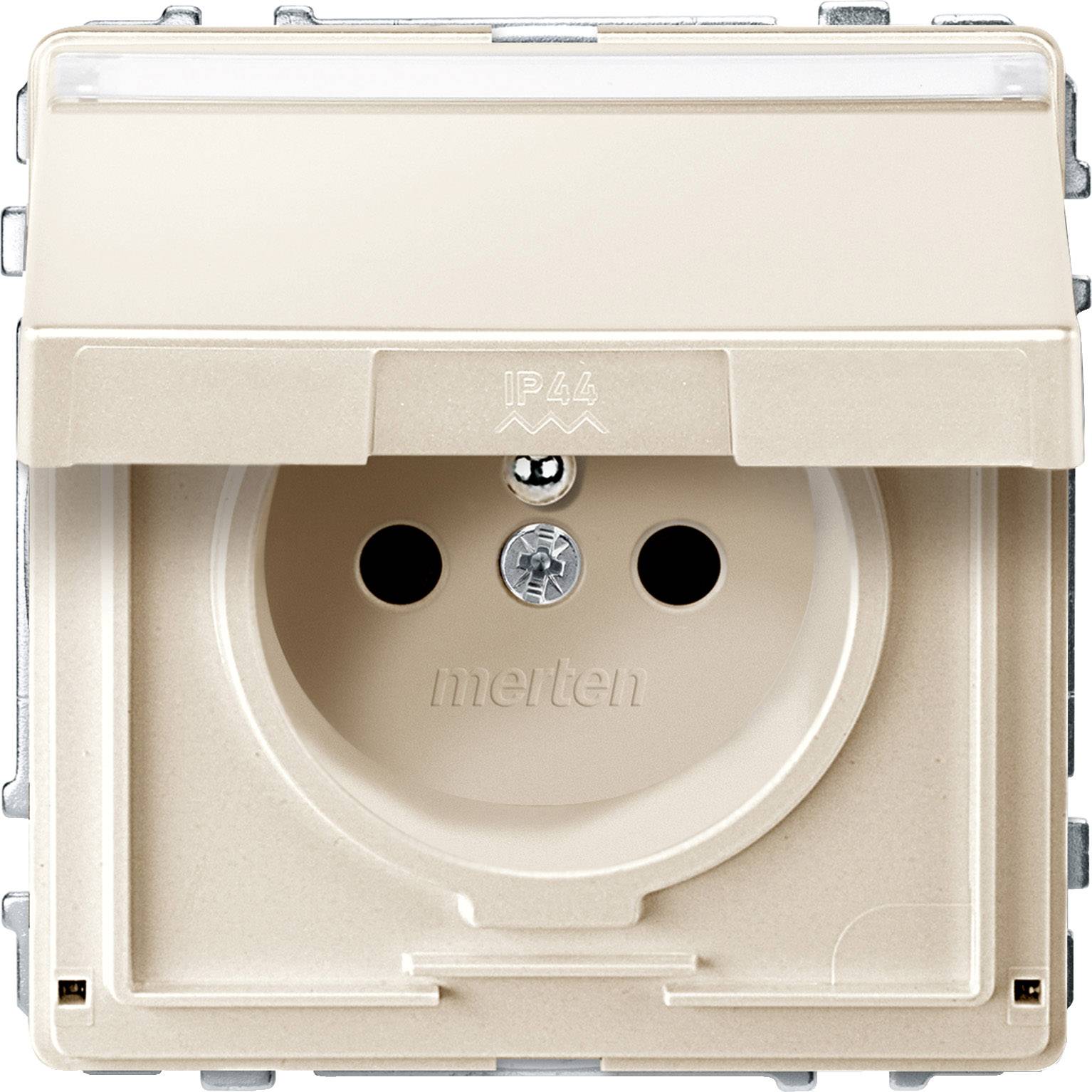 Prise beige avec couvercle rabattable et marquage 'IP44', adaptée aux locaux humides. Nom de la marque visible au centre.