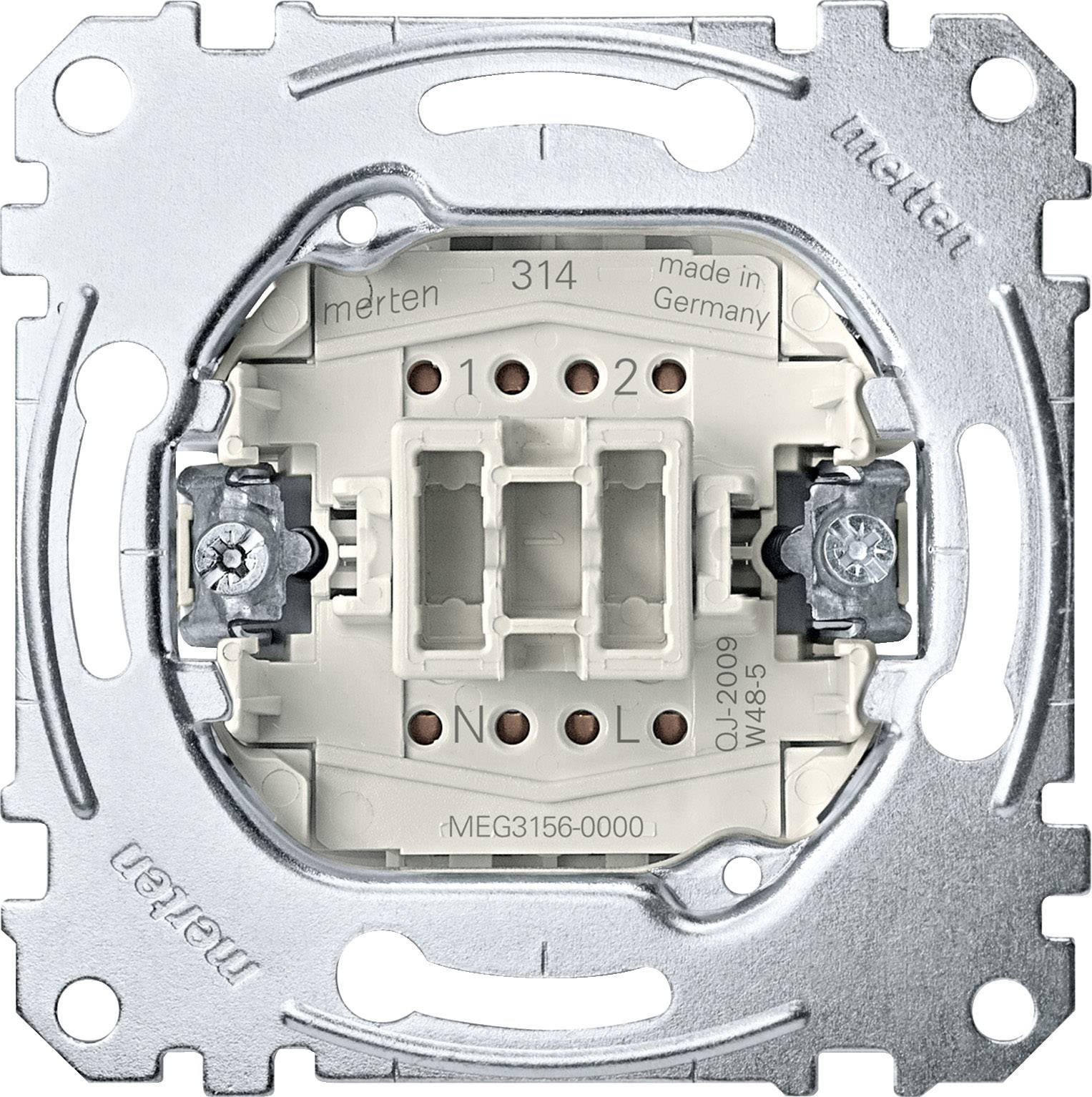 'Interrupteur électrique, marque Merten, numéro de modèle MEG3156-0000, fabriqué en Allemagne. Cadre métallique avec fixations à vis.'