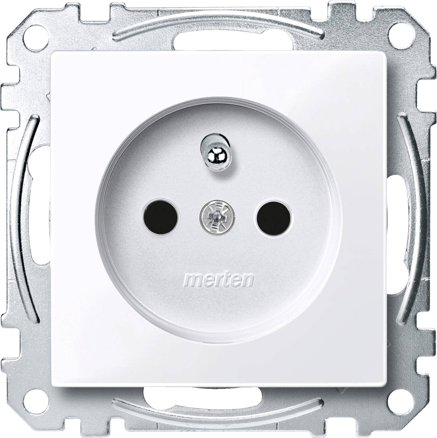 Prise électrique blanche à deux trous et broche de terre, montée sur un cadre métallique carré, marque 'merten'.