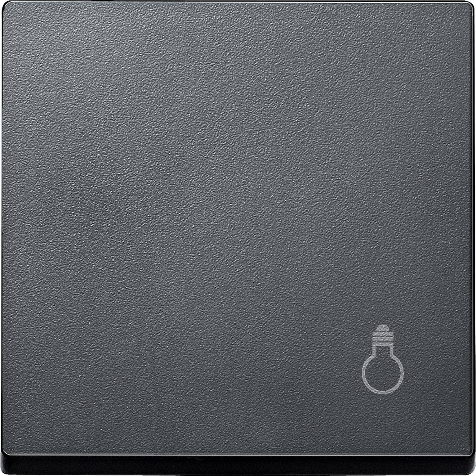 Un interrupteur lumineux simple, carré, de couleur sombre, avec un petit symbole d'ampoule dans le coin inférieur droit.