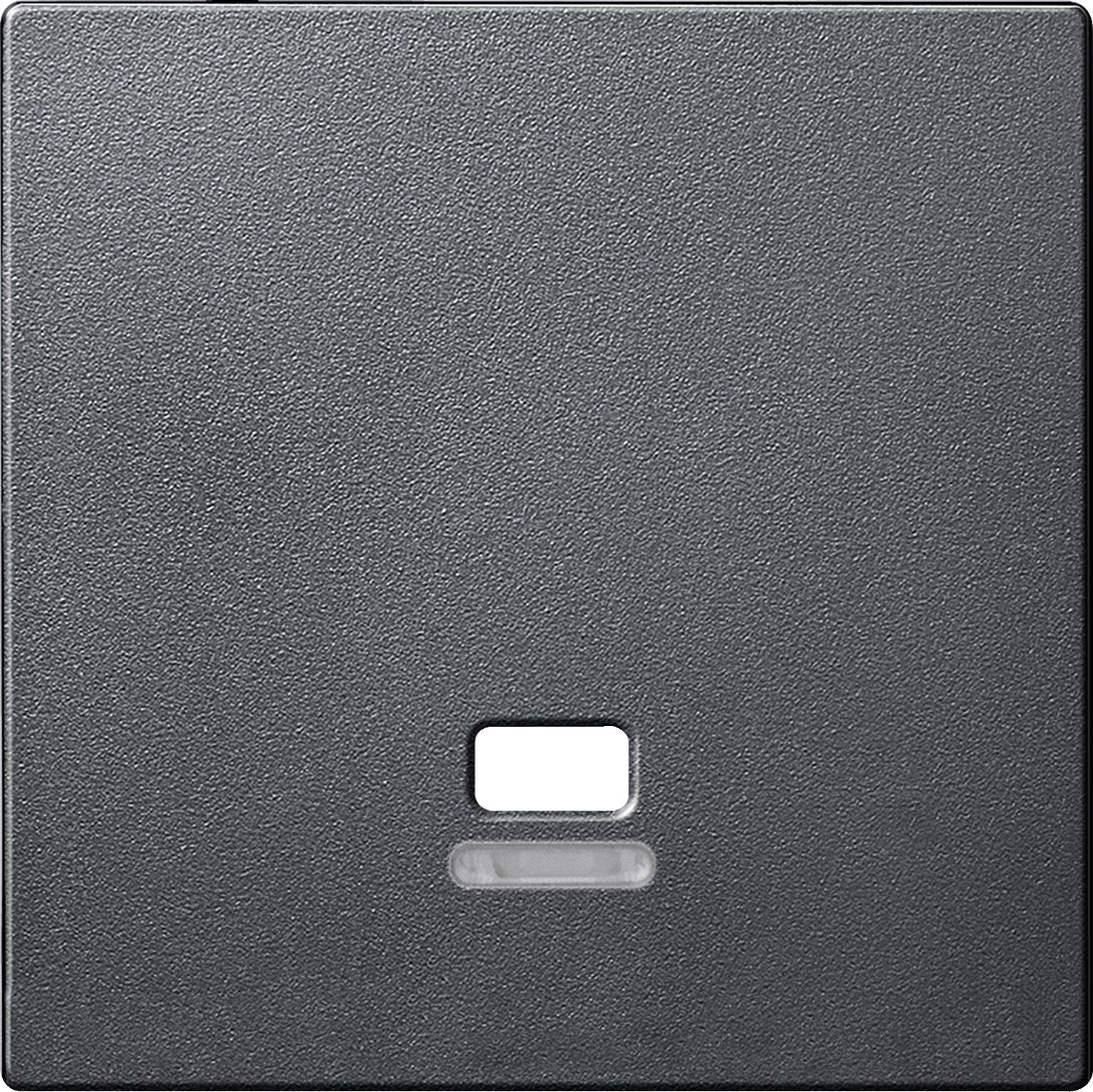 Un interrupteur sombre et carré avec une petite zone rectangulaire surélevée au centre et, en dessous, une fine bande horizontale.