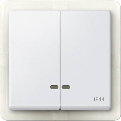 Interrupteur double en design neutre avec marquage 'IP44' en bas à droite, adapté aux locaux humides ou aux espaces extérieurs.
