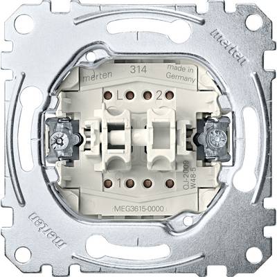 L'image montre un mécanisme d'interrupteur de Merten, modèle MEG3615-0000, fabriqué en Allemagne. L'interrupteur dispose de deux bornes à vis.