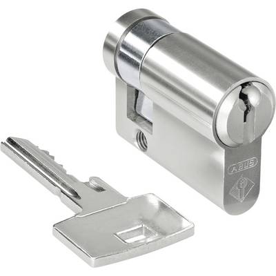 Un cylindre de porte argenté avec sa clé assortie, présenté dans une vue légèrement inclinée, met en valeur sa surface métallique robuste.