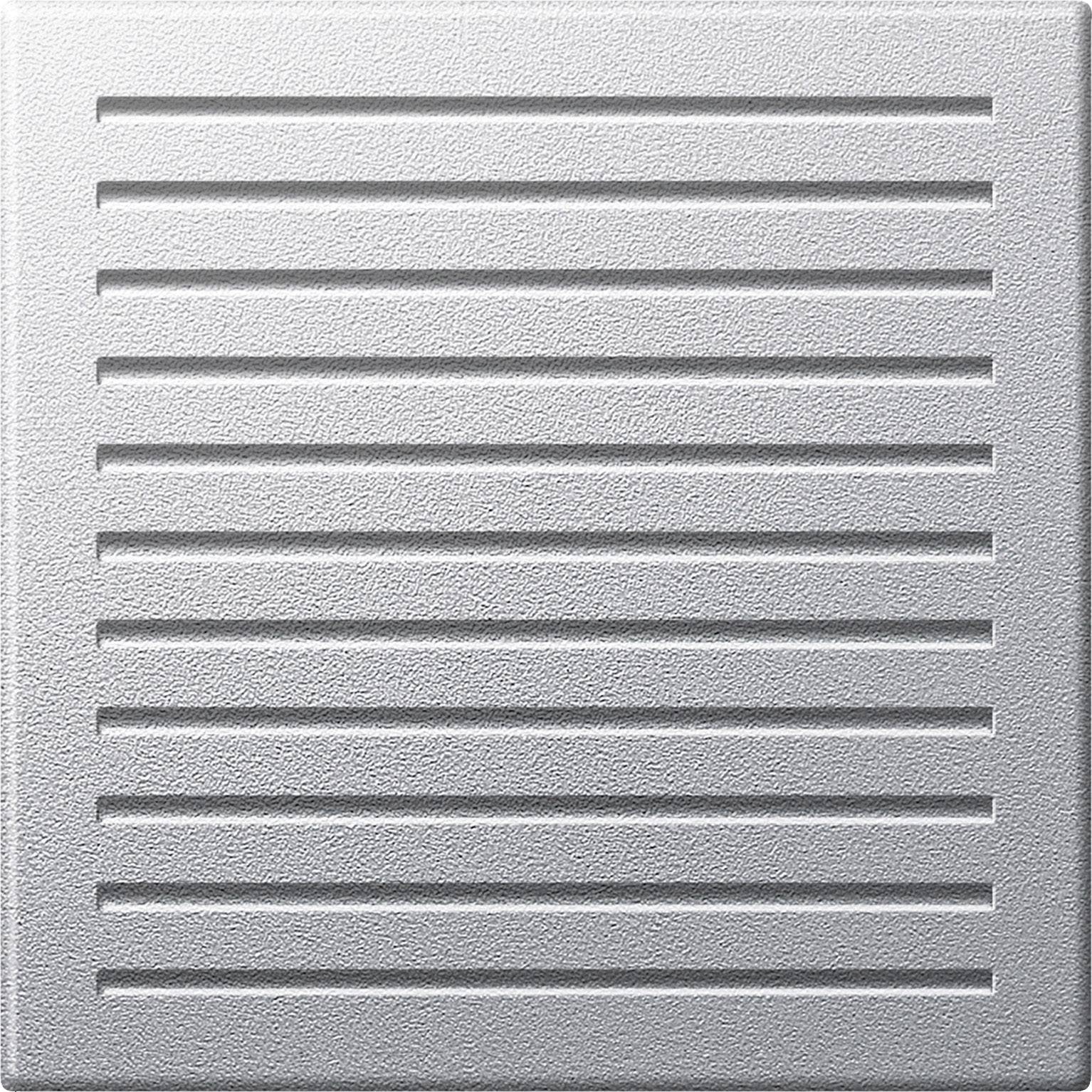 Couvercle de ventilation gris, carré, avec des lamelles horizontales parallèles sur une surface structurée.