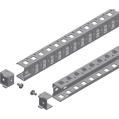 Tiges métalliques avec trous carrés et éléments de fixation. Adaptées aux constructions modulaires et aux ajustements flexibles.