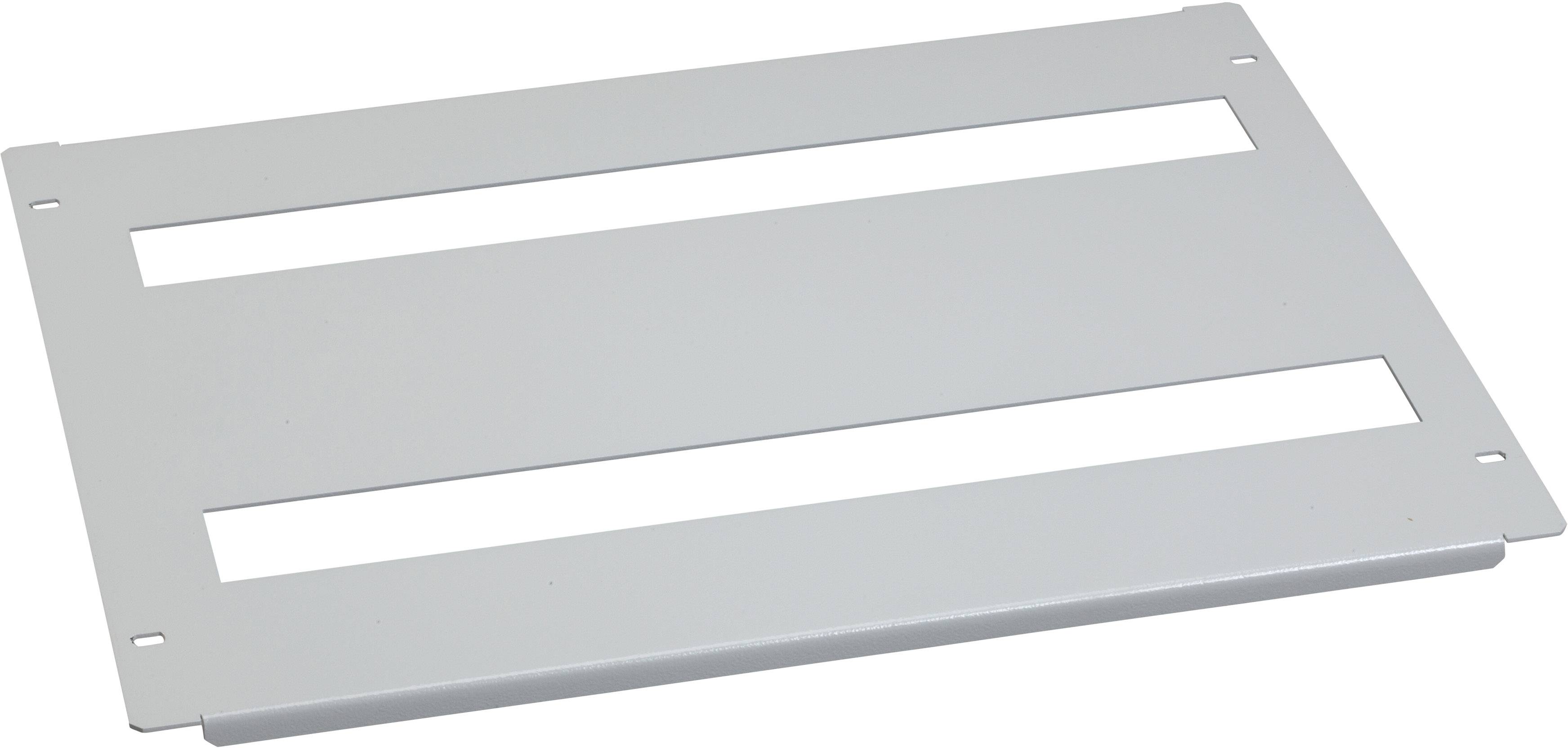 Une plaque métallique blanche avec deux découpes rectangulaires, probablement conçue pour le montage ou comme ouverture de ventilation.