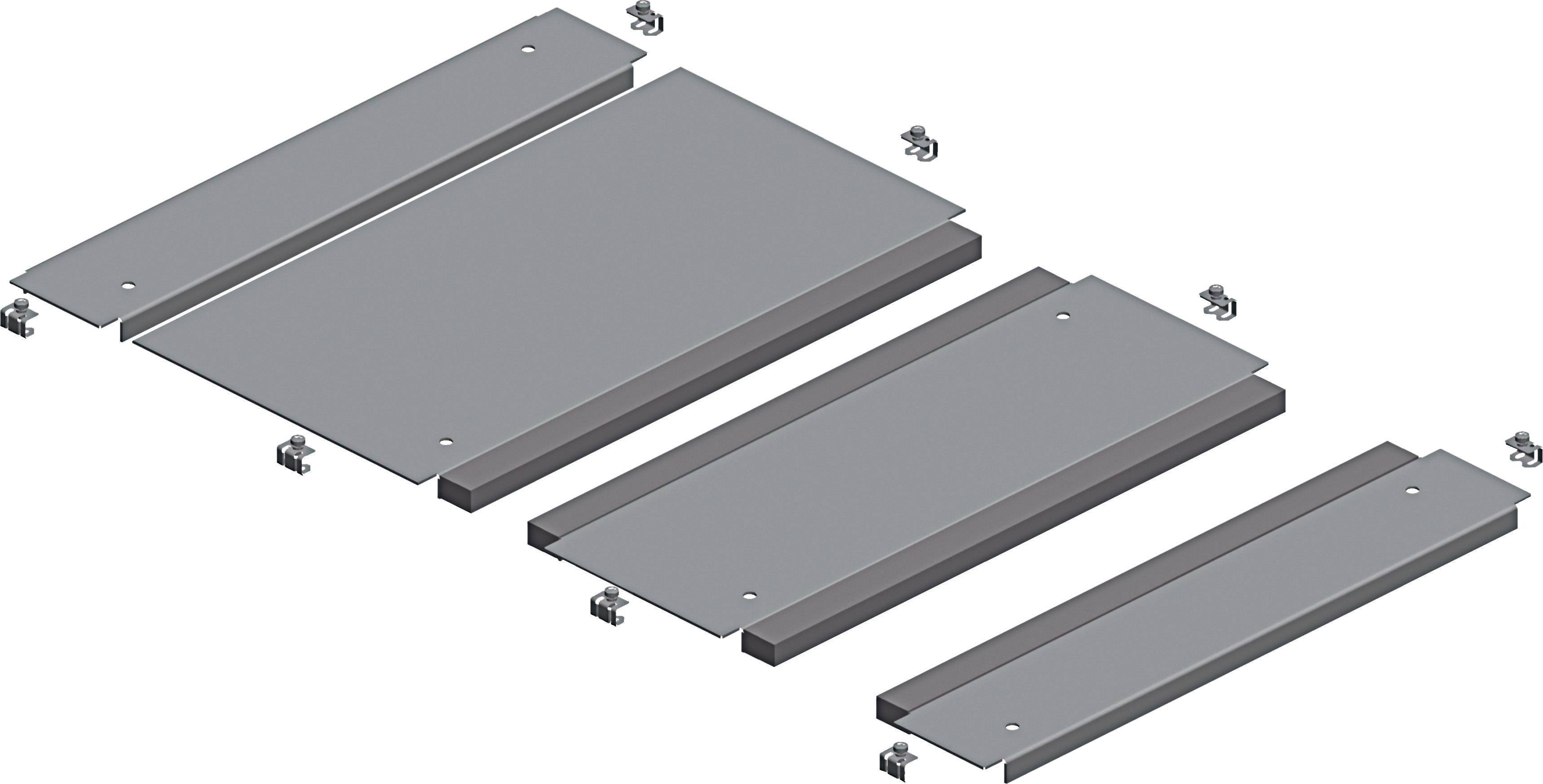 Plaques métalliques et vis en vue éclatée, probablement destinées au montage d'un boîtier ou d'un cadre rectangulaire.