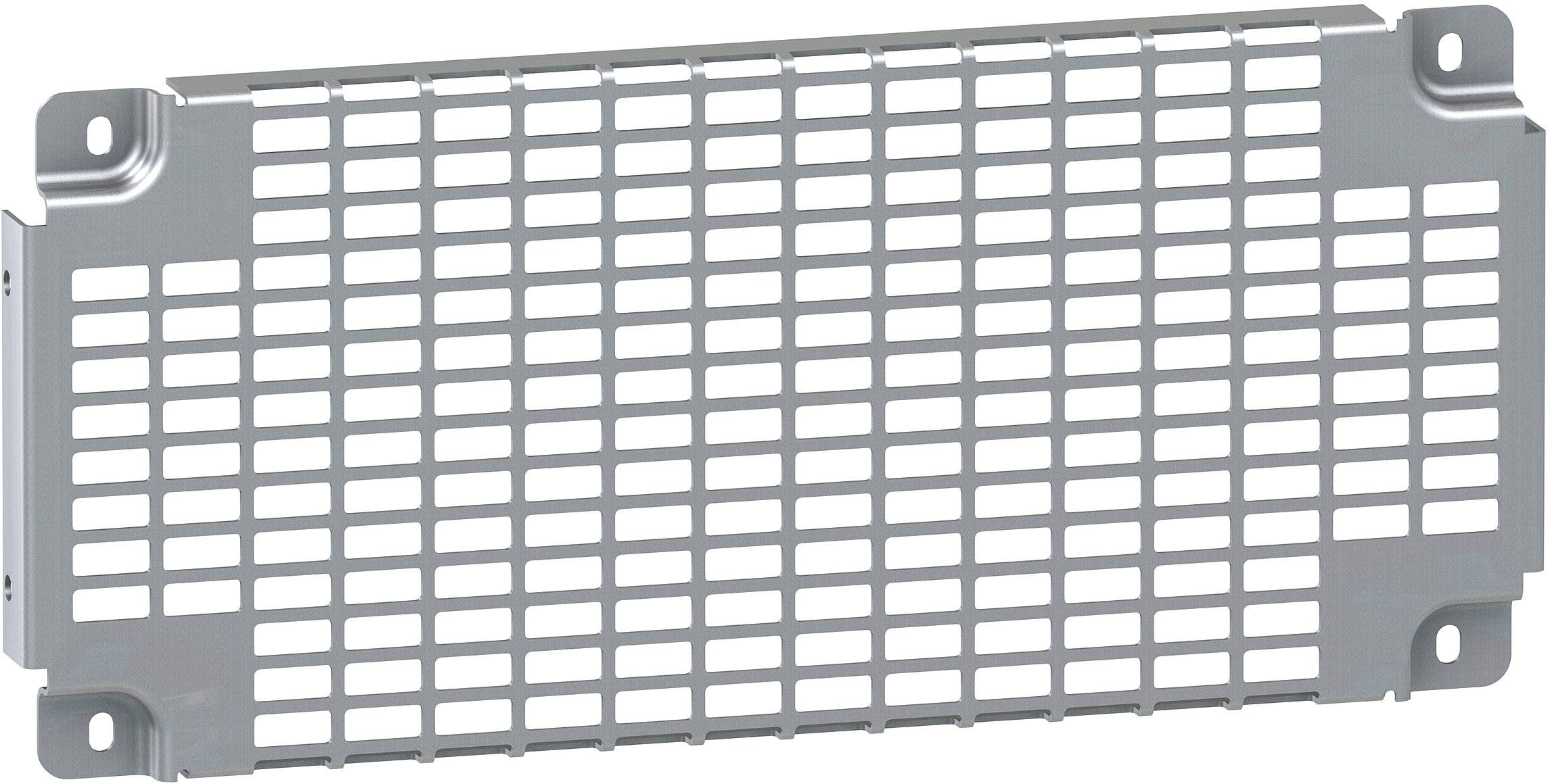 Plaque de grille métallique, rectangulaire, grise, avec des trous rectangulaires et des pattes de fixation aux angles, utilisée pour la ventilation ou la protection.