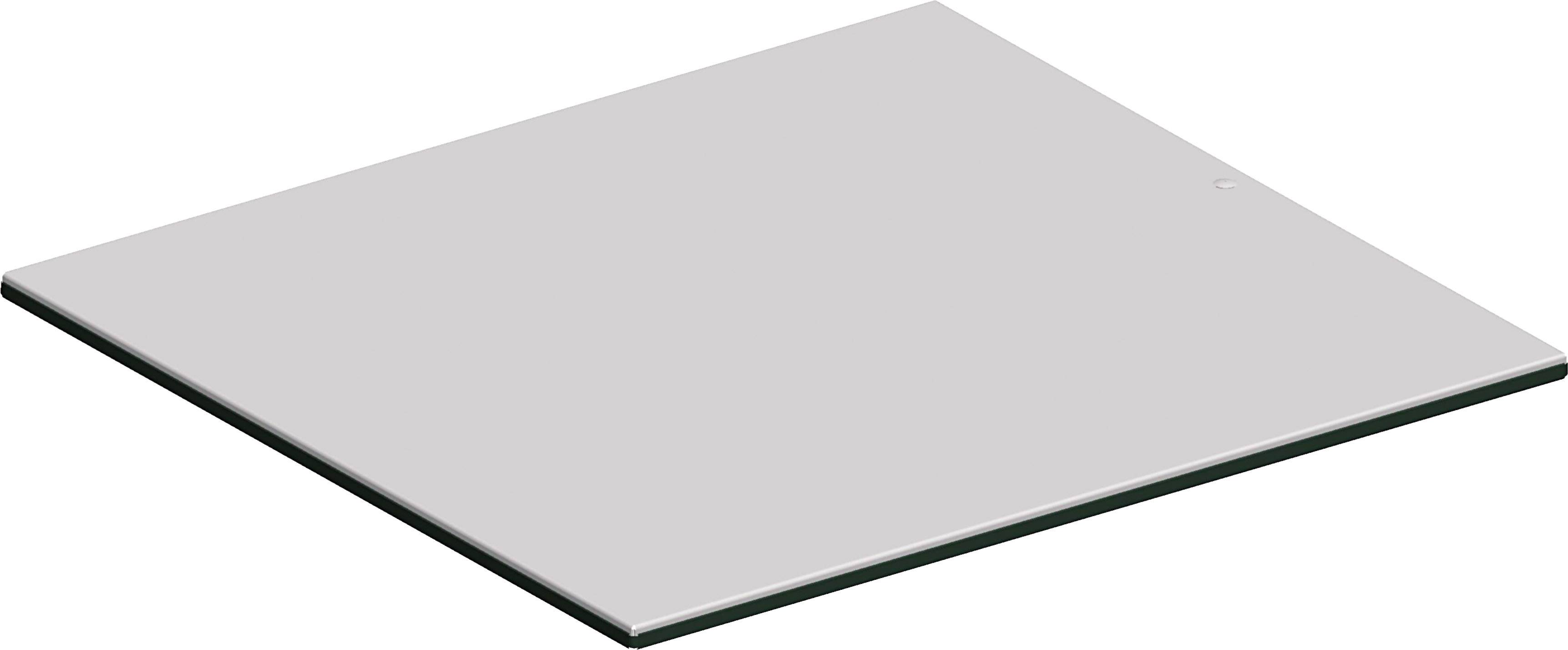 Plaque rectangulaire en métal, brillante et argentée sur un fond blanc. Elle paraît plate et sobre.