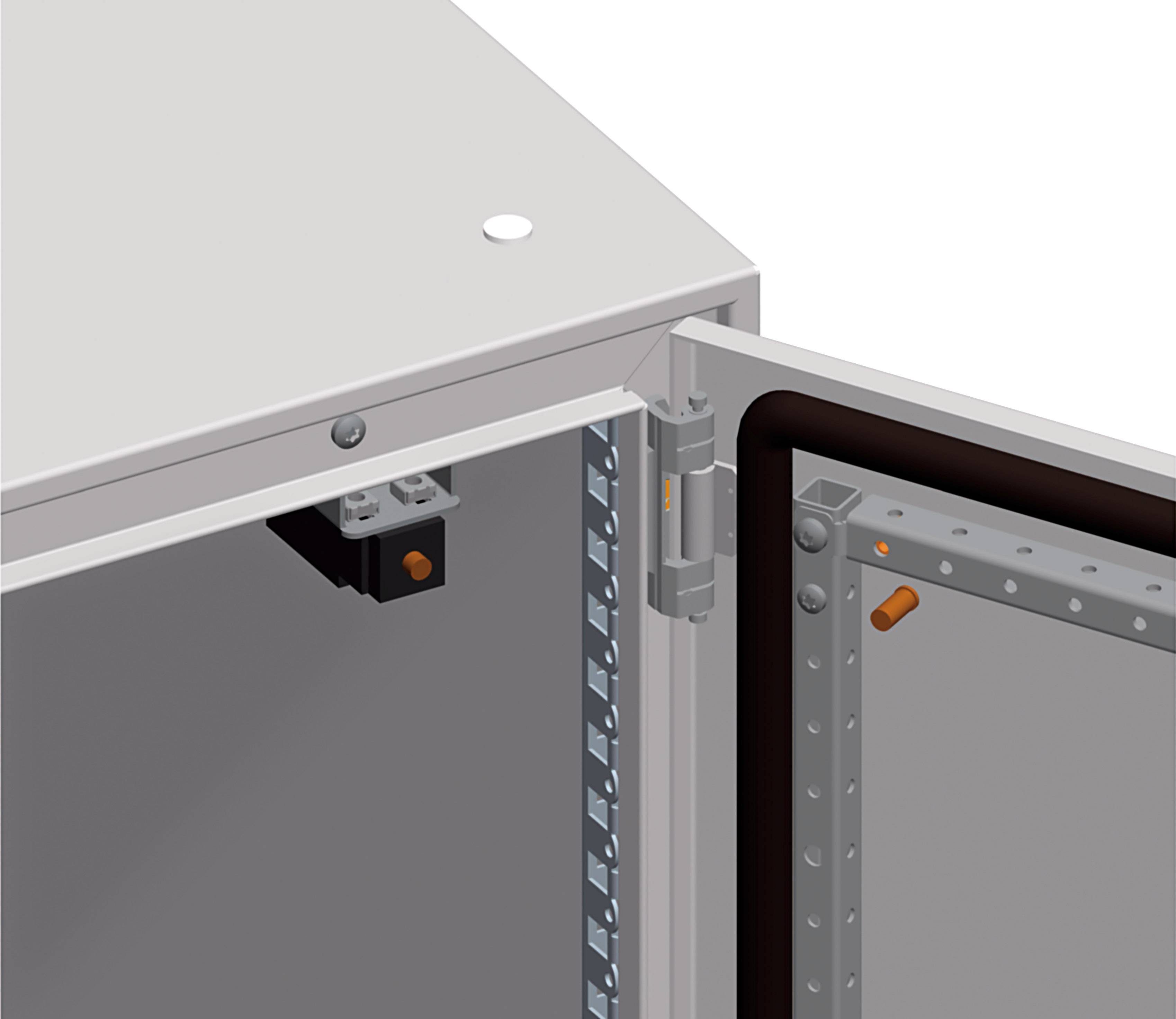 Une armoire électrique grise avec sa porte ouverte, révélant les charnières et le système de verrouillage interne.
