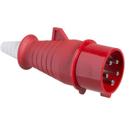 Fiche CEE rouge à trois broches pour connexions électriques haute puissance, adaptée aux applications industrielles.
