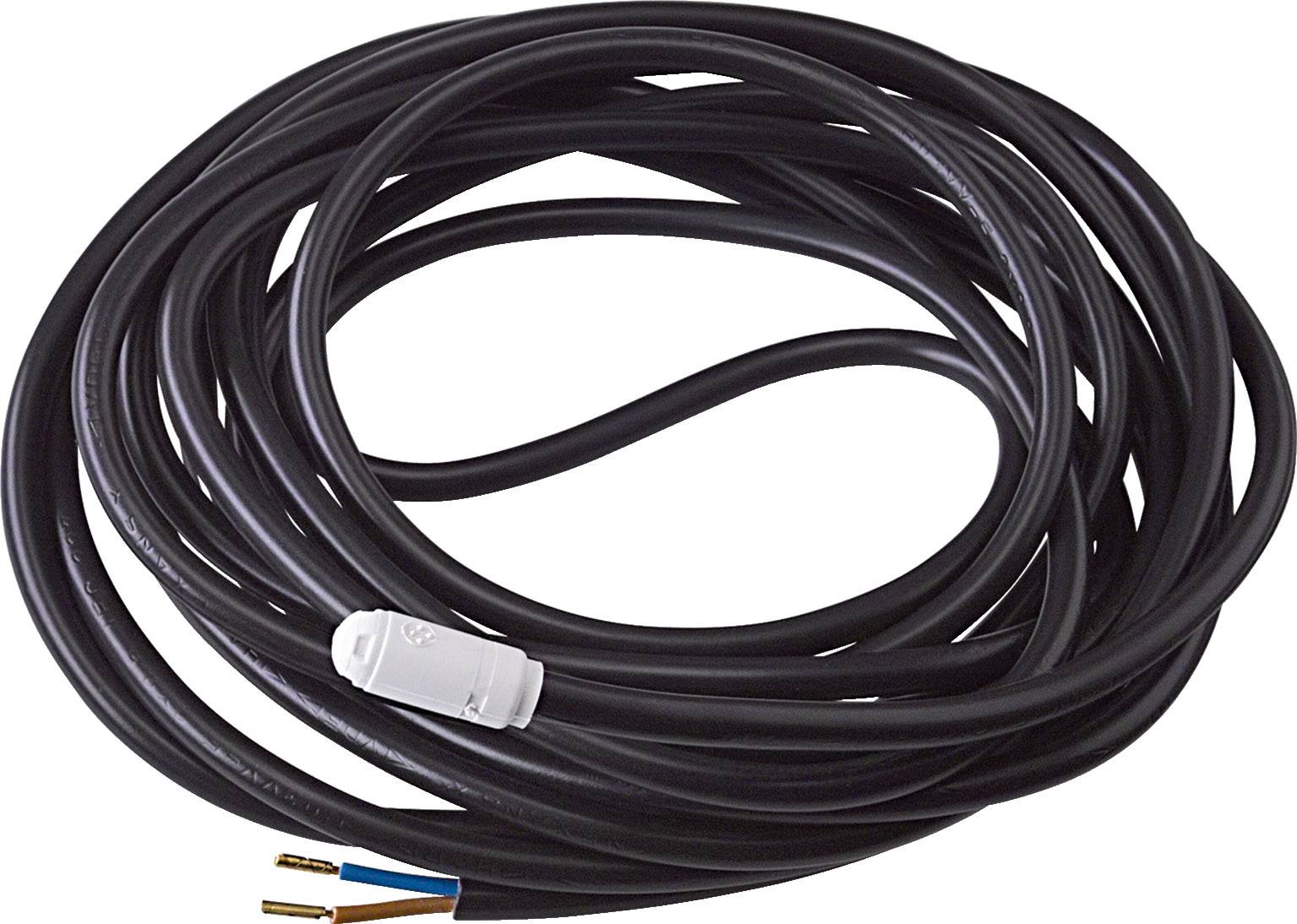 Un long câble noir avec des extrémités dénudées et une fiche blanche au milieu.