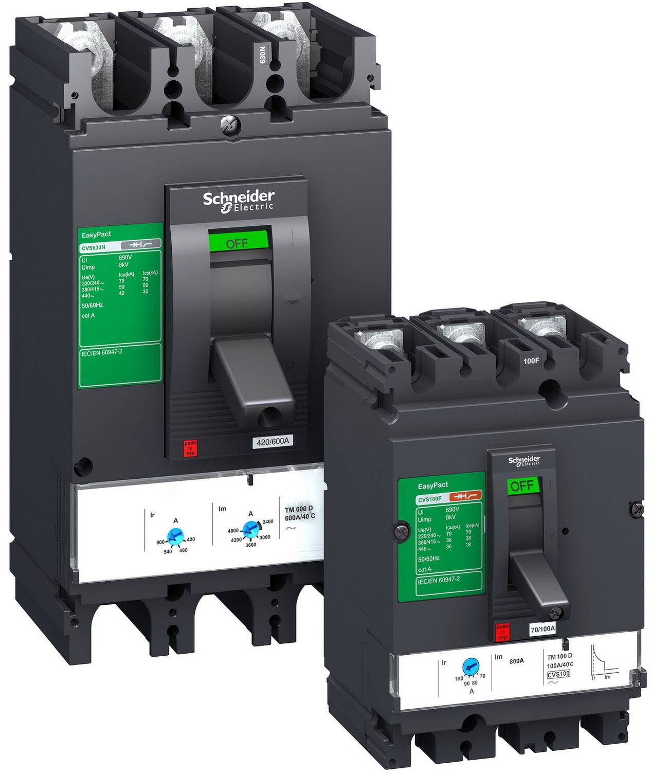 Deux disjoncteurs noirs de Schneider Electric avec des étiquettes vertes, l'un plus grand que l'autre, tous deux positionnés sur 'OFF'.
