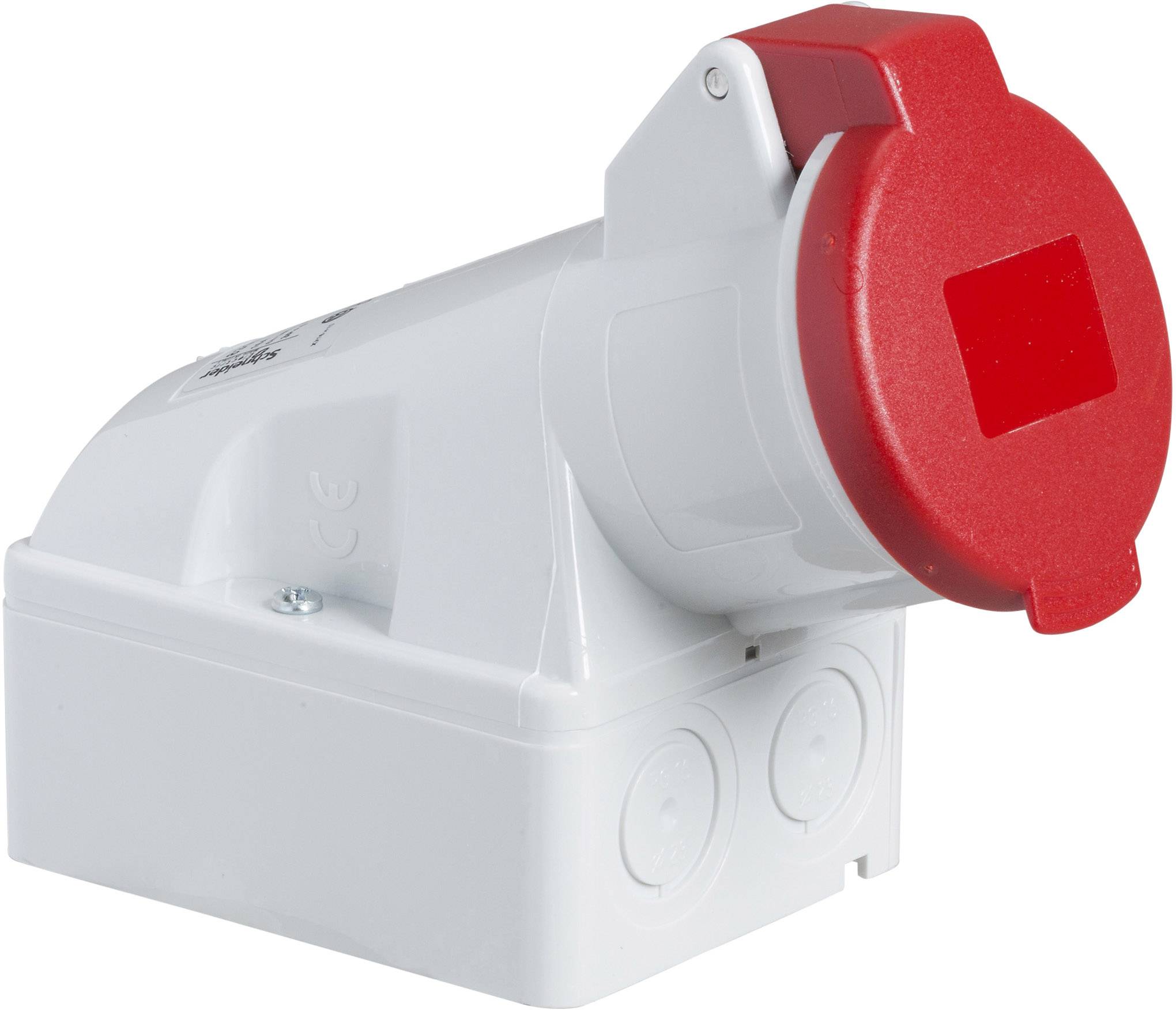 Un fiche murale CEE blanc et rouge en plastique, adapté aux applications électriques industrielles.