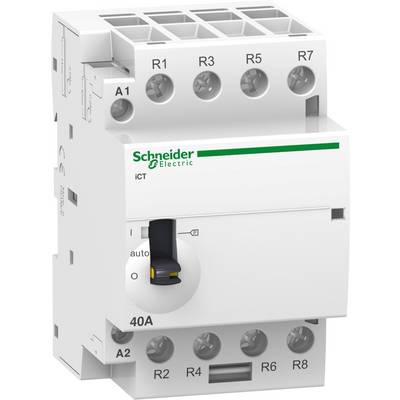 Disjoncteur de Schneider Electric, modèle iCT, montrant une unité rectangulaire blanche avec des positions de commutation pour le contrôle automatique.
