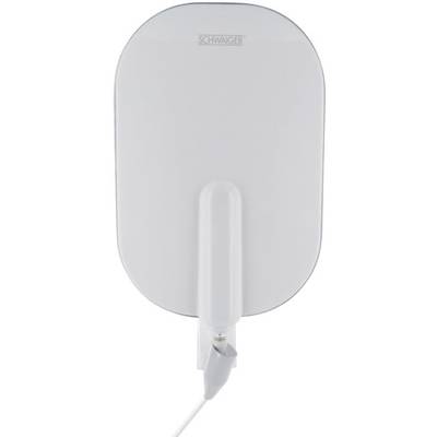 Antenne blanche, rectangulaire avec des coins arrondis, orientée verticalement. Un câble est connecté à sa base.