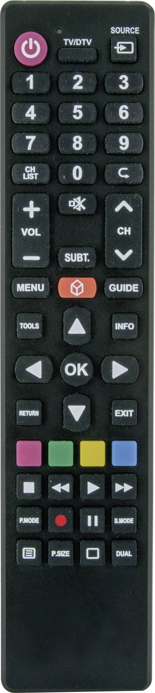 Une télécommande noire avec différentes touches, comprenant des chiffres, un régulateur de volume et des touches de fonction colorées pour le contrôle de la télévision.