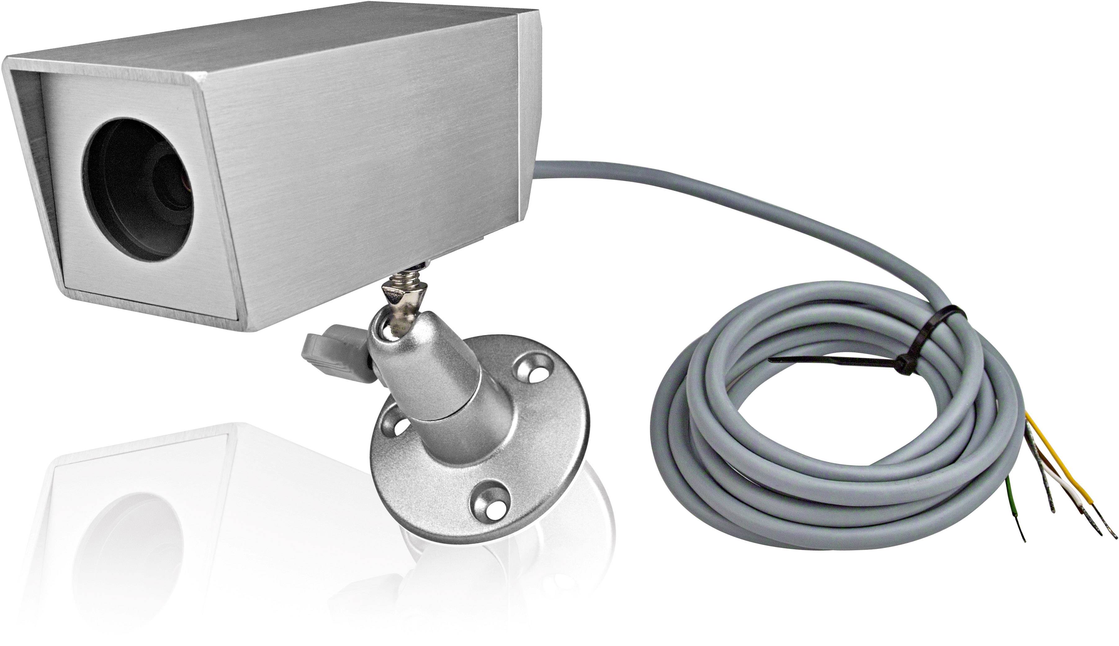 Caméra de surveillance dans un boîtier rectangulaire, montée sur un support réglable, reliée par un long câble.