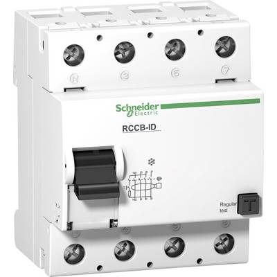 Un disjoncteur différentiel blanc de Schneider Electric avec un levier noir et l'étiquette 'RCCB-ID' pour la sécurité électrique.