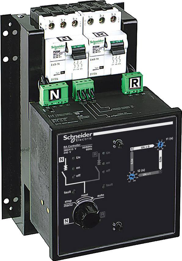 Commutateur de transfert automatique de Schneider Electric avec bouton de commande et indicateurs d'état, pour le contrôle de l'alimentation électrique.