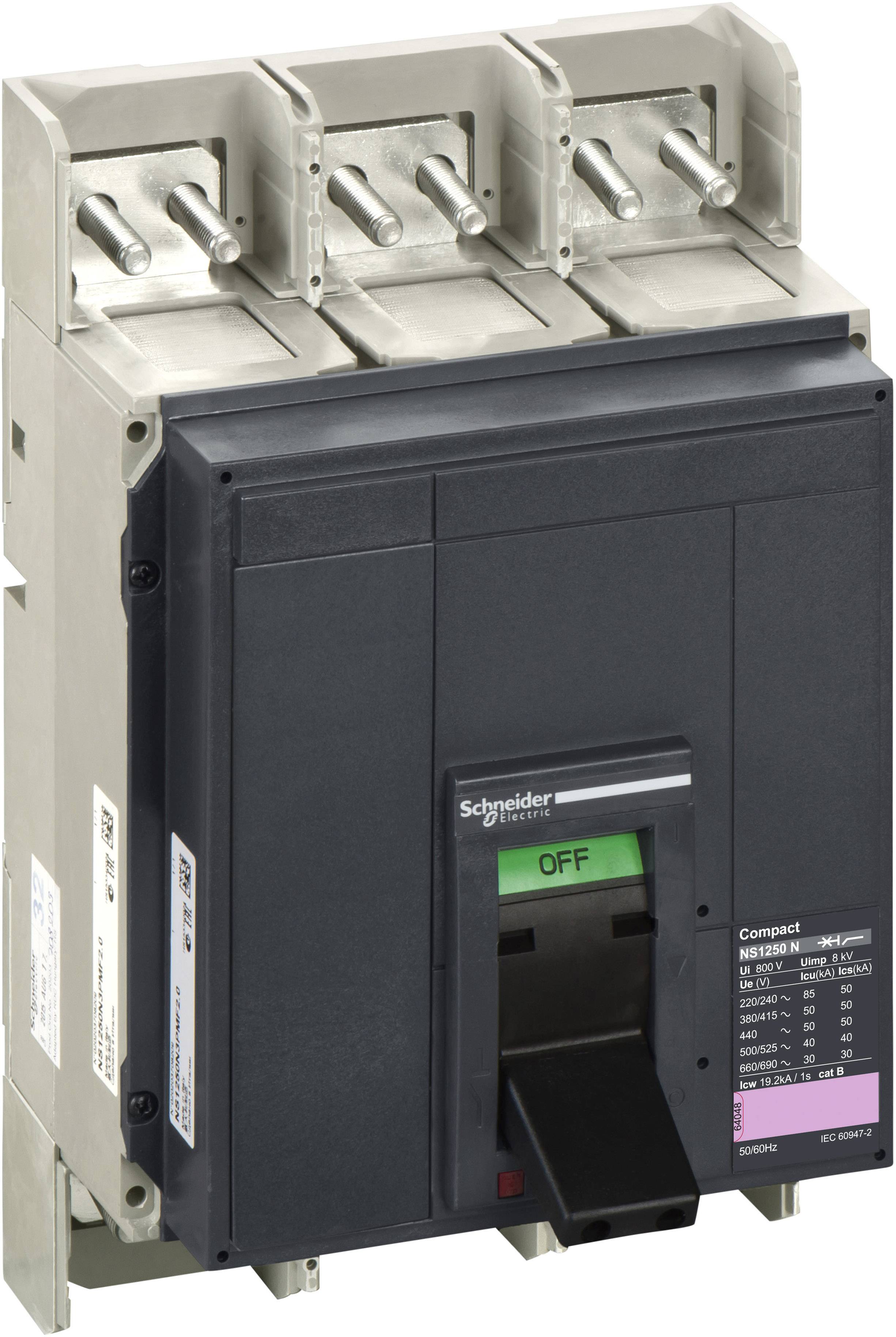 Un disjoncteur tripolaire de Schneider Electric portant l'inscription 'OFF', adapté pour interrompre des circuits électriques.