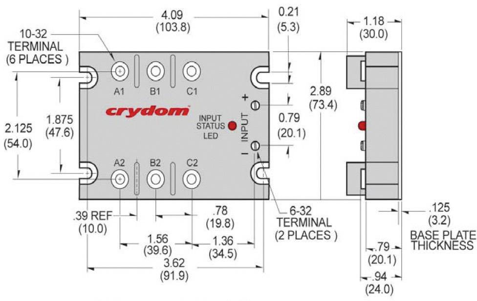 Diagramme d'un composant électronique avec dimensions. Comprend des bornes de connexion et un indicateur de statut LED. Nom du fabricant : Crydom.