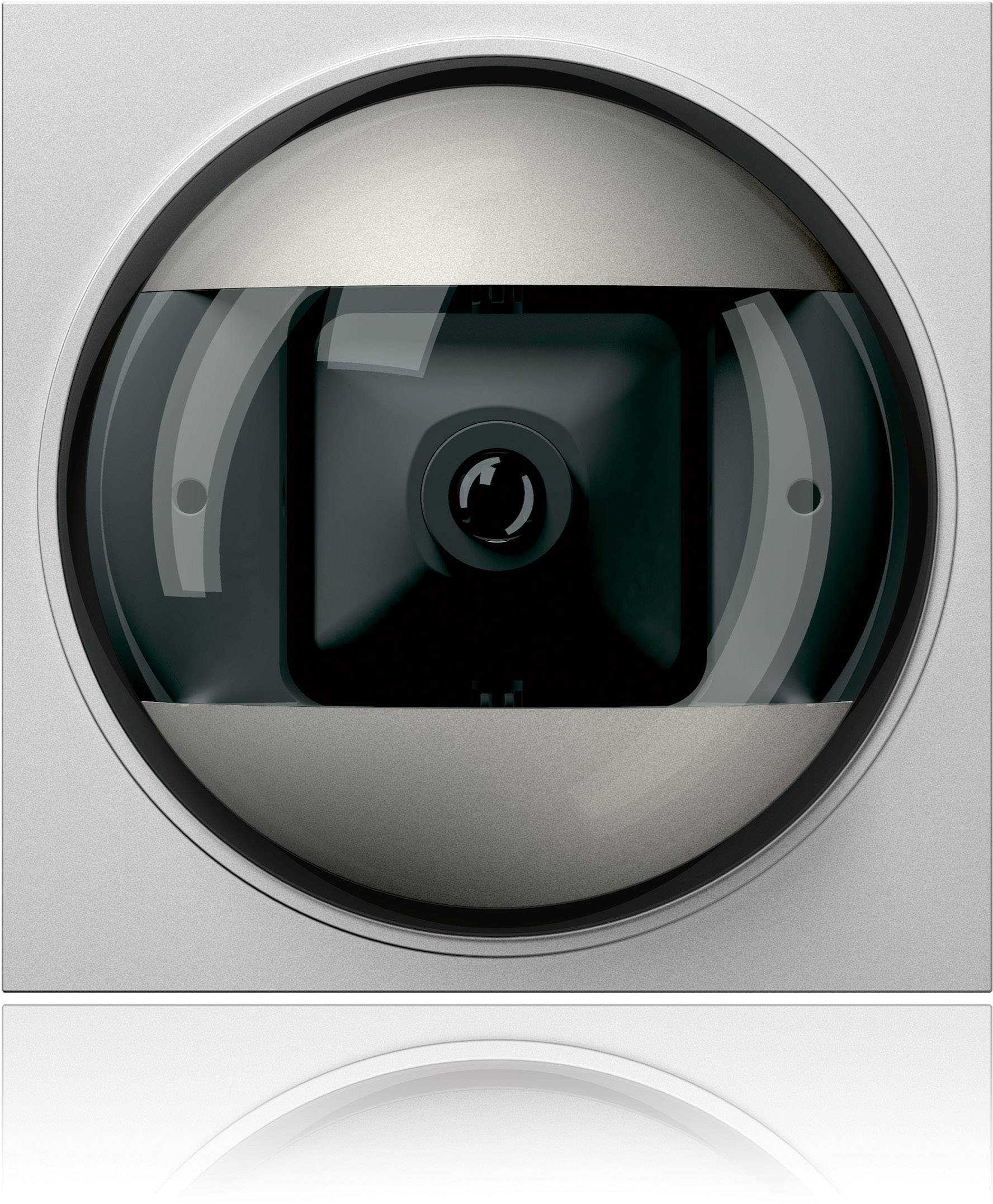 Caméra de surveillance au design moderne, boîtier argenté, objectif central situé derrière un dôme en verre, adaptée aux espaces intérieurs.